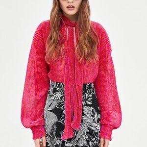 Zara Pink & Orange Sparkle Glitter pussy bow top